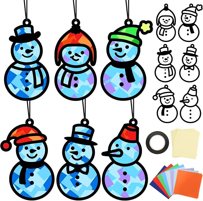 Qyeahkj 36 Set Winter Snowman Suncatchers Crafts Kit DIY Window Tissue Paper Craft Kits Stained Glass Effect Sun Catcher Xmas Holiday Hanging Ornament for Home Activity Art Favor Gift
