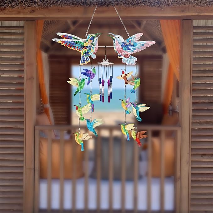 Hummingbird Diamond Art Wind Chimes DIY Kit 5D Diamond Art Painting Wind Chime Hummingbird Hanging Pendant Double Side Special Shape Rhinestones by Number Mosaic Wind Chime for Yard Porch Tree Decor