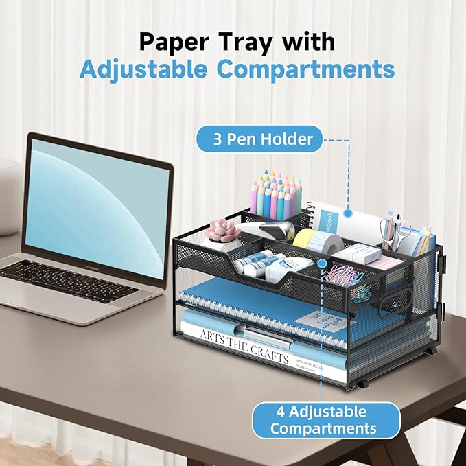 Daltack 3-Tier Desk Organizer with Handle, Mesh Paper Organizer with Pen Holders & Adjustable Compartments & A4/Letter Paper Trays for Home Office Supplies, Black