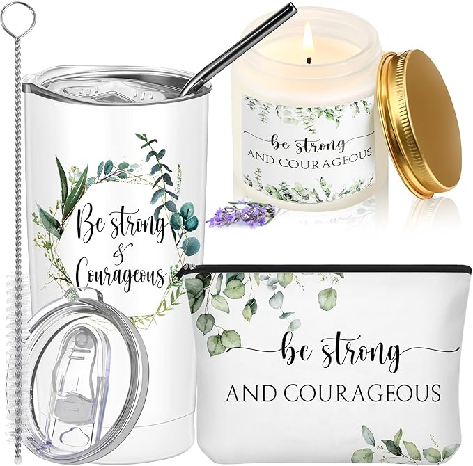 Sieral 3 Pcs Christian Easter Gift Set for Women 20oz Tumbler, Prayer Candle & Bible Verse Makeup Bag, Inspirational Religious Church Faith Birthday Gift for Mothers Day Mom(Be Strong and Courageous)