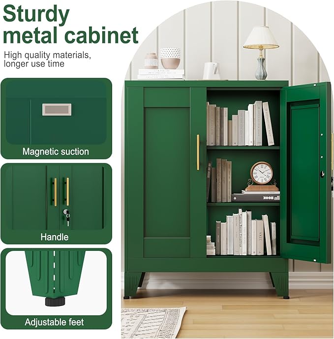 Green Metal Storage Cabinet, 36" Tall Locking Storage Cabinet with 2 Adjustable Shelves, Steel Locker Organizer, for Office, Home, School, 2PS