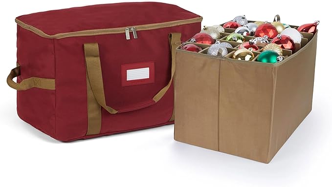 Covermates Keepsakes Adjustable Ornament Storage Bag – Heavy-Duty Polyester, Padded Dividers & FlexGrid Trays – Protective Holiday Ornament Organizer with Handles & Label Window, Red