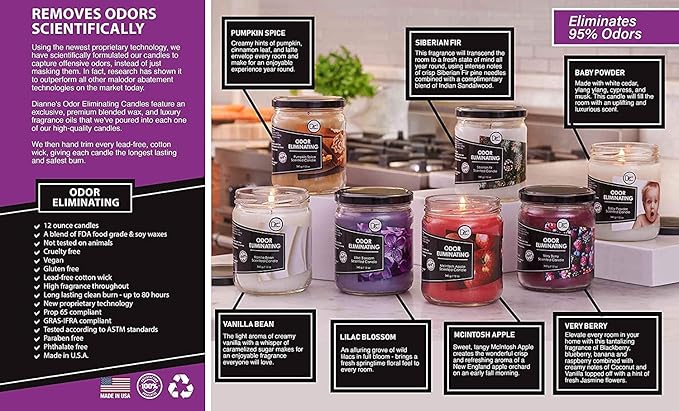 Lavender Odor Eliminating Highly Fragranced Candle - Eliminates 95% of Pet, Smoke, Food, and Other Smells Quickly - Up to 80 Hour Burn time - 12 Ounce Premium Soy Blend