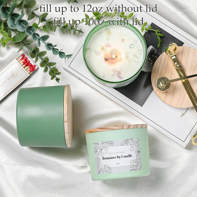 6Pcs Assorted Green Candle Jars for Making Candles, 12oz Empty Candle Jars with Bamboo Lids,Labels and 100g Crystal Rocks, Glass Jars for Candle Making Supplies, Candle Containers for DIY Gifts