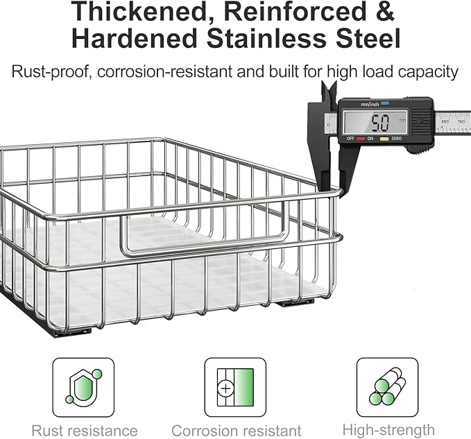 Pull out Cabinet Organizer, Stainless Steel 2-Pack Slide out Drawer with Silent Full-Extension Slides, Adhesive Roll out Can Spice Storage Basket Shelf Rack for Pantry, Kitchen, Bathroom, Home Closet