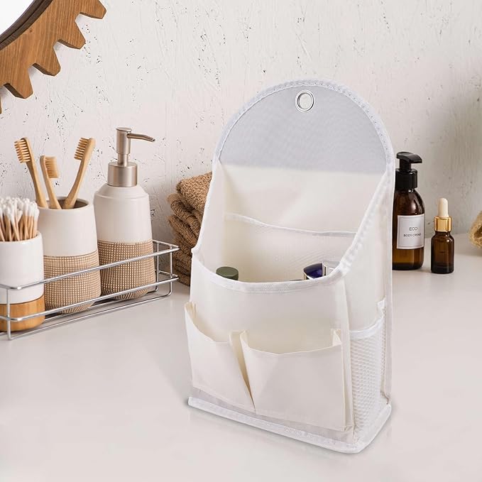 2 Pack Wall Hanging Storage Bag with Pocket, Fabric Organizer Basket with Sticky Hook, Over the Door Caddy Organizer Box for Closet Dormitory Bedroom Bathroom Kitchen (Beige)