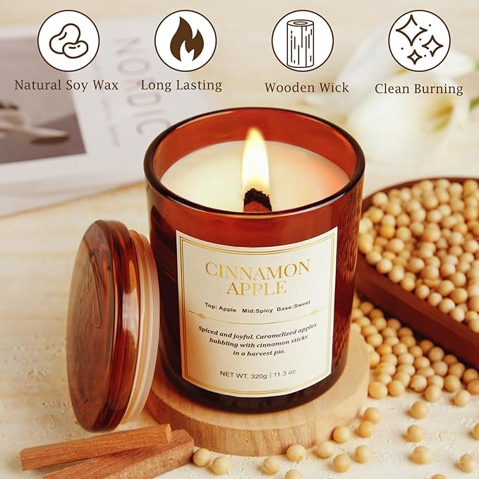 Scented Candles for Home–2 Pack Wood Wick Cinnamon Apple Scented Candles,Long Lasting Natural Soy Wax Candles with Gift Boxes,Cozy Aromatherapy Candle for Home Decor