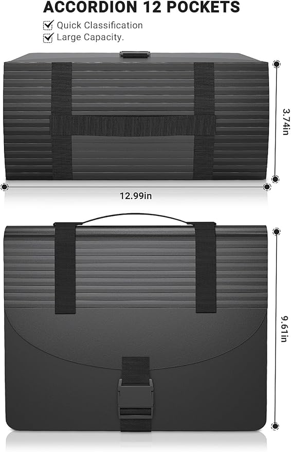 TOPCJ Expanding File Folders with Handle,Accordion File Organizer 13 Expandable Pockets,Portable Filing Box,Adjustable Support Strap,Colored Tabs,Paper Bills Documents Organizer,A4/Letter Size