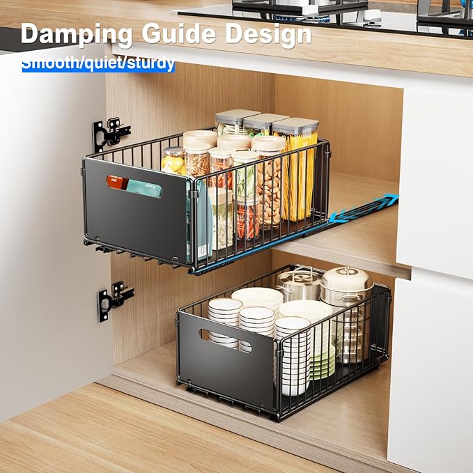 2 Pack Pull Out Cabinet Organizer, Slide Out Drawers for Cabinets, Peel and Stick, Heavy Duty Shelves for Kitchen, Cupboard, Pantry, Bathroom (14.76" D*9.65" W*7.87" H-Black)