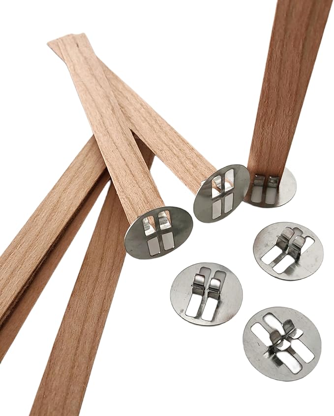 100 Wick Clips & 100 Wicks Stickers Stainless Steel Wick Holders for Candle Making Wooden Wick Base for Candle Making Universal Wood Wick Clips Wooden Wick Clips for Candle（Wicks not Included