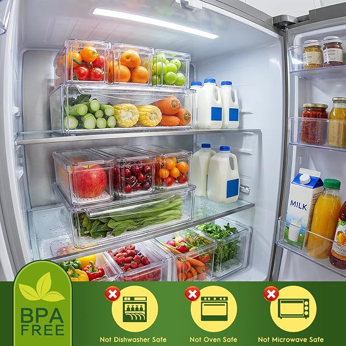 4 Pack Fridge Organizer, Stackable Refrigerator Organizer Bins with Lids, BPA-Free Fridge Organizers and Storage Containers for Fruit, Vegetable, Food, Drinks, Cereals, Clear