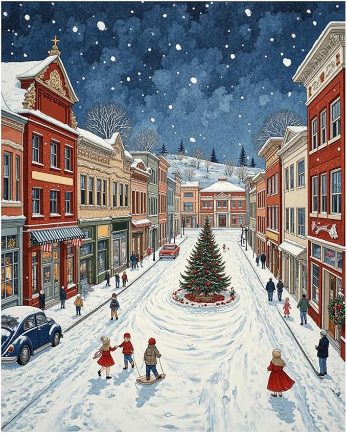 EnLvYY Paint by Numbers for Adults 16x20 Inch, DIY Acrylic Winter Town Street Scene with Christmas Tree, Unframed Canvas Painting Kit for Beginners, Relaxing Wall Decor Art, Gift for Adults