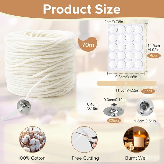 230 FT Candle Wicks with 125 Pcs Metal Candle Wick Sustainer Tabs, 80Pcs Candle Wick Stickers, 5Pcs Wooden Candle Wick Centering Device, 70m Cotton Candle Wicks for Candle Making Kit