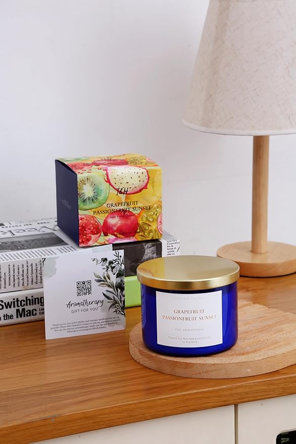 Grapefruit Passionfruit Sunset 3-Wick Soy Candle | Large Aromatherapy Scented Candle for Home 15.8oz | Fresh Tropical Citrus Stress Relief Candle | Clean Burn | Relaxation Gift for Women & Men