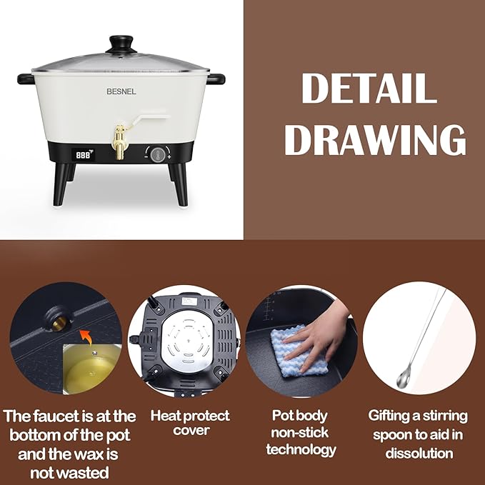 BESNEL Wax Melter for Candle Making, 8Qts Candle Wax Melting Pot with Spout for Soy Wax Soap Base, Electric Wax Melter for Candle Making with Temp Control, Easy Pour,Non-Stick(White)
