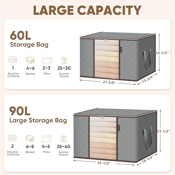 BALEINE 3 Pack Clothes Storage Bags, 24 Gallon Storage Containers with Reinforced Handle, Sturdy Zipper, Closet Organizer for Blanket, Comforter, Pillow, Bedding (Grey, 3 Pack)