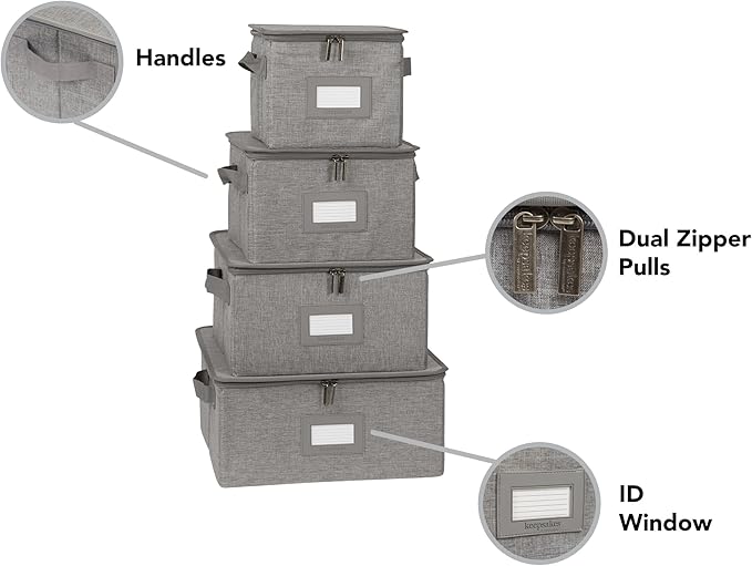 Covermates Dish Storage Box Set – China & Dinner Plate Storage Containers with Felt Dividers, Dual Zippers, Reinforced Handles, ID Window & Stackable Design, Grey Heather