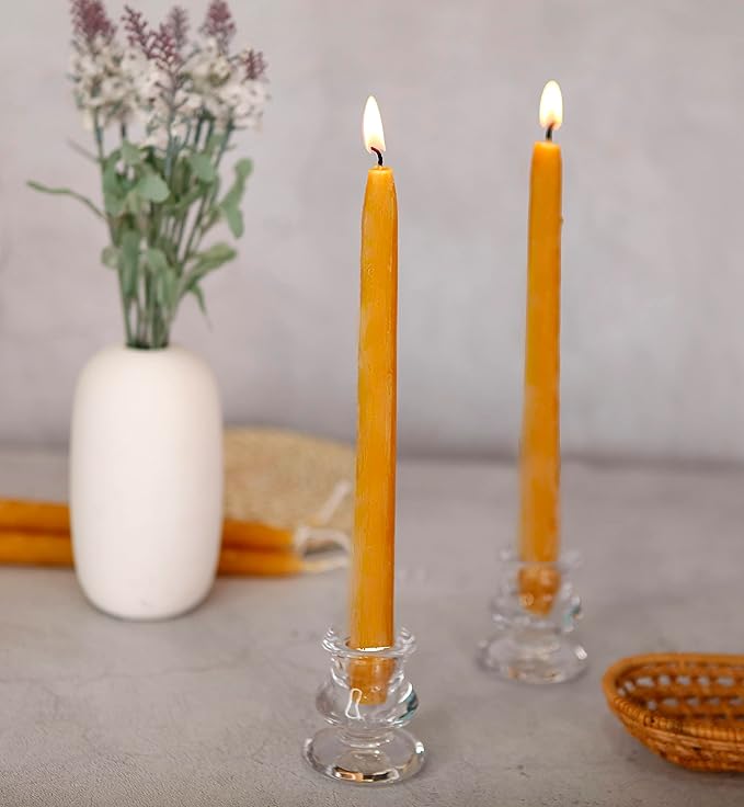100% Pure 8 Inch Natural Bees Wax Taper Candlestick 12Pack - 8 Hours Long Burning, Smokeless, Dripless and Unscented for Home Decor Party Dinner