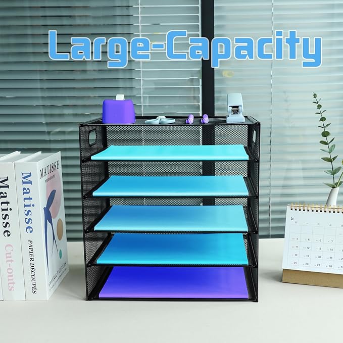 5 Tier Desk Organiser with Handle, Pull-Out Mesh File Organizer for Letter Tray Organizer Mesh Desk Organiser Tray Paper Storage Rack for A4 File Office Supplie, Black