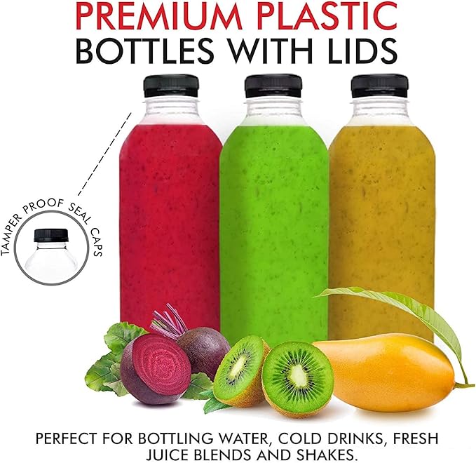 Empty Plastic Juice Bottles Bulk with Caps for Juicing & Smoothies, Reusable Clear , 16 Ounce Drink Containers for Mini Fridge, Juicer Shots, Small 16 oz (12 Pack)