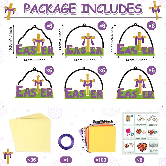 Qyeahkj 36 Set Religious Easter Cross Suncatchers Crafts for Kids DIY Christian Resurrection Window Tissue Paper Craft Kit Hanging Decor for Sunday School Activity Art Project Birthday Party Favor