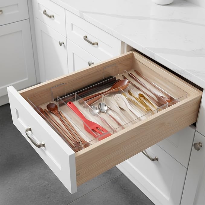 2 Pcs Clear Expandable Drawer Organizer, Adjustable Drawer Dividers Tray with Compartments for Office, Kitchen, Desk Supplies