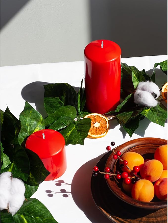 CANDWAX 3x6 Inch Red Pillar Candles Set of 3 - Unscented Christmas Pillars - 80-Hour Burn Time Self-Extinguishing Long Lasting Candles for Home Decor - Cone-Top Red Candles