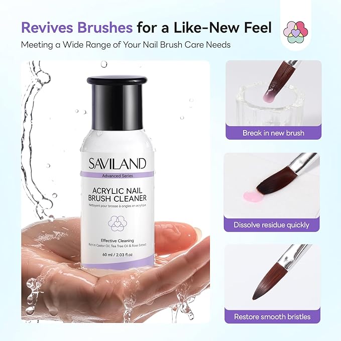 SAVILAND Advanced Acrylic Brush Cleaner: 3-Minute Deep Clean & Conditioning Liquid with Dappen Dish, Plant-Based Acrylic Nail Brush Cleaner and Preserver for Manicure Tools Home DIY & Salon Use, 60ml