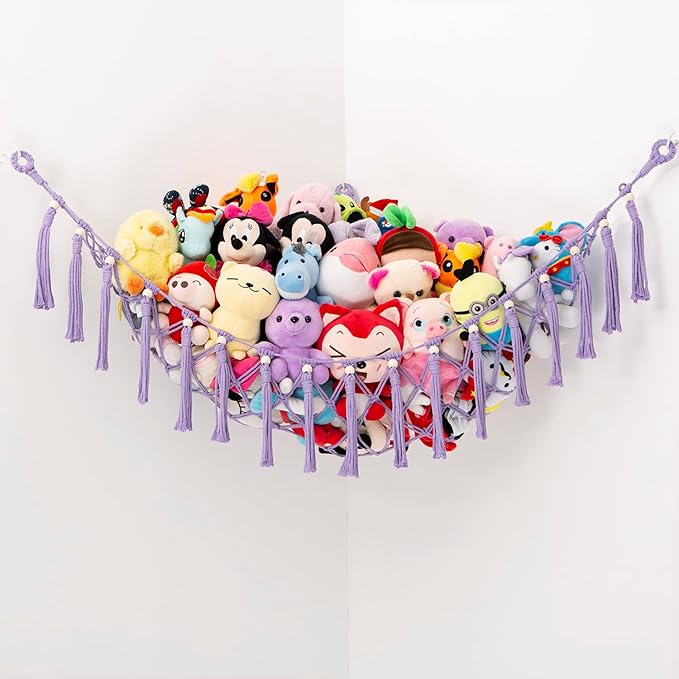 YKBU Stuffed Animals Hammock Corner Hanging Net with Wooden Beads Macrame Stuffed Animal Storage Ideas Plush Holder Toy Organizer for Boho Nursery Playroom Bedroom Kids Room Decor (purple, X-Large)