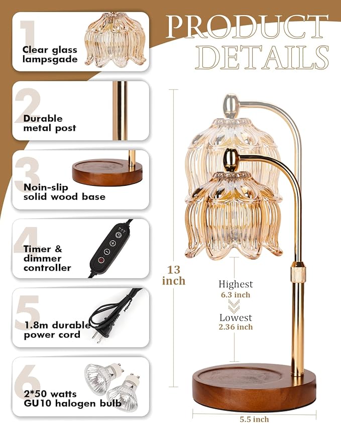 Candle Warmer Lamp with Timer Dimmable, Height Adjustable, Birthday Gifts for Women Mom, Suitable for New Home Decoration, Anniversary Lotus Flower Candle lamp, with 2 Bulbs, Suitable for Jar Candles