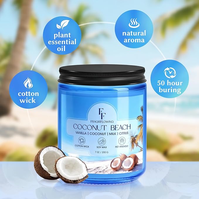 Coconut Beach Scented Candle, Natural Soy Wax Jar Candle for Home Scented, 100-Hour Burn Time Gifts for Women Men, 7 oz (2 Pack)