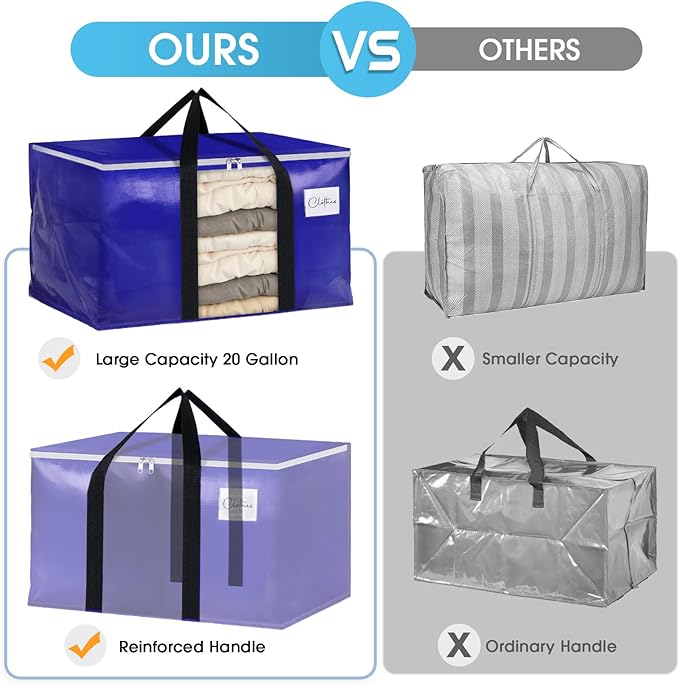 BlissTotes 4 Pack Moving Bags with Clear Window, Storage Bags with Strong Carrying Handles & Zippers,Large Packing Bags for Saving Space, Alternative to Moving Boxes(Blue,20 Gallon)