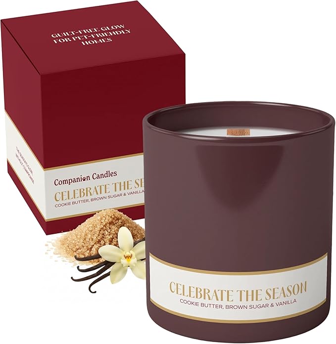 Companion Candles Celebrate the Season Pet-Friendly Scented Candle – Cookie Butter, Brown Sugar & Vanilla Fragrance - Coconut Soy Wax Candle with Wooden Wick, 50-Hour Burn Time, Made in USA, 11.8 oz