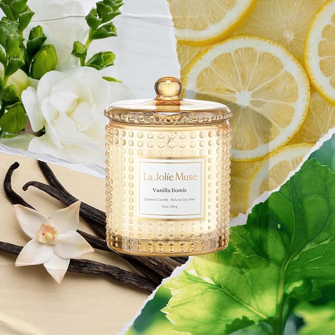 LA JOLIE MUSE Vanilla Bomb Candle –Vanilla, Lemon Zest & Patchouli | 10 oz Natural Soy Wax | 55 Hours Clean Burn | Gift-Ready for Hosts, Gatherings | Elegant Home Décor