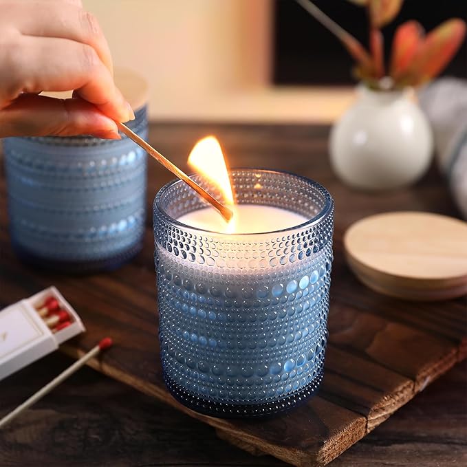 DARJEN 12 Pack Blue Candle Jars for Making Candles- 8 OZ Empty Glass Candle Making Jars with Bamboo Lids and Labels, Candle Making Supplies Candle Containers for DIY Gifts