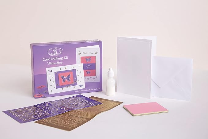 Card Making Butterflies Mini Kit, Starter Hobby Set, Unique Gift Idea with 6 Cards and Envelopes, Peel Off Motifs and Greetings, PVA Glue and Patterns, for Birthdays, Invitations