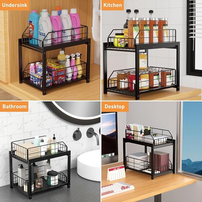 2 Tier Sliding Basket Drawer Organizer, Pull Out Under Sink Cabinets Organizers, Metal Home Shelf for Bathroom or Kitchen, Sliding Countertop or Pantry Storage Shelf, Black