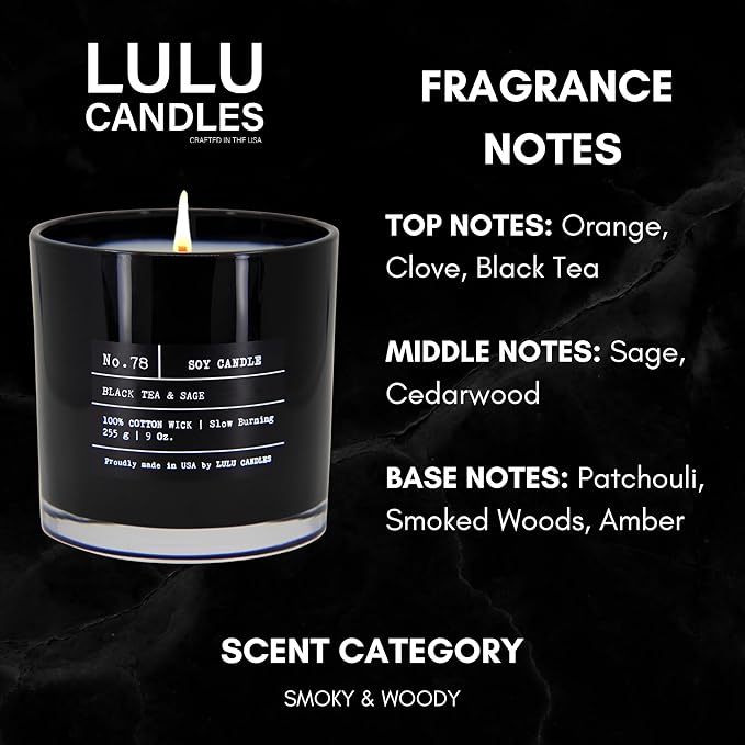 Lulu Candles | Black Tea & Sage | Highly Scented Candles for Home - Soy Blend Jar Candle with 100% Cotton Wick - Slow Burning (9 Oz.)