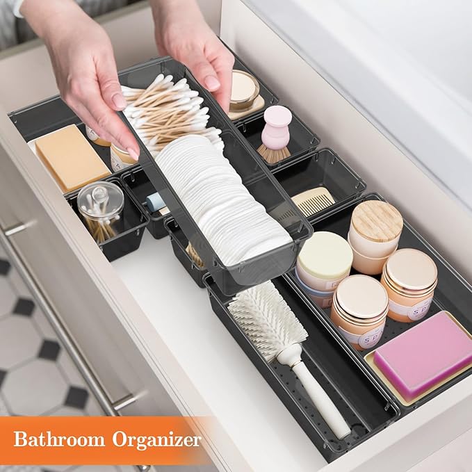 SpaceHacks 25 PCS Plastic Drawer Organizer Set, 4-Size Versatile Organizer Trays & storage Bins for Makeup, Jewelry, and Gadgets in Bathroom, Bedroom and Office,Clear Black