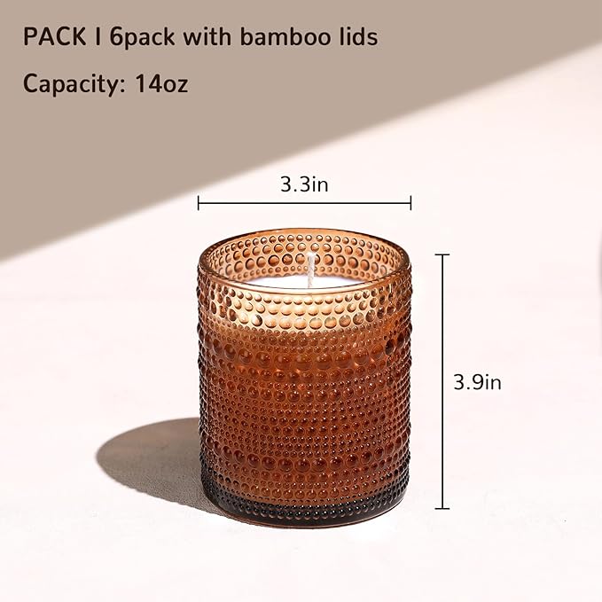 DEVI 14oz Amber Empry Glass Candle Jars for Making Candles (6 Pack), 3 Wick Candle Jars, Bulk Empty Candle Containers, Candle Tins Making Supplies for Gifts, Boho Cristmas Shelf Decor