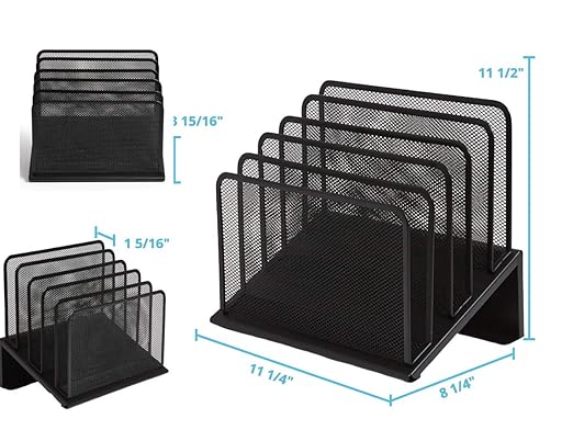 1InTheOffice Metal Mesh File Organizer, Black Wire Mesh 5 Section Incline Sorter, Black Finish