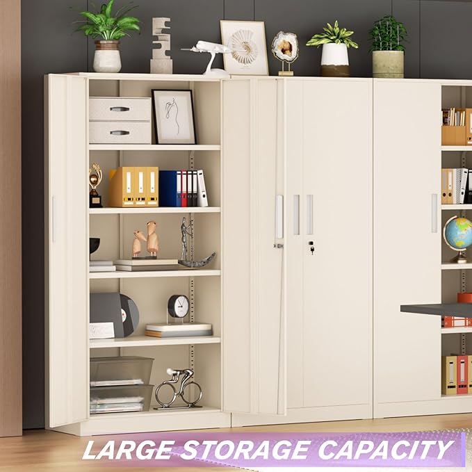 Superday Metal Storage Cabinets, 71" Storage Cabinet with Locking Door, Tall Garage Cabinet with 2 Doors and 4 Adjustable Shelves for Home Office, Classroom, Easy Assemble((Putty)
