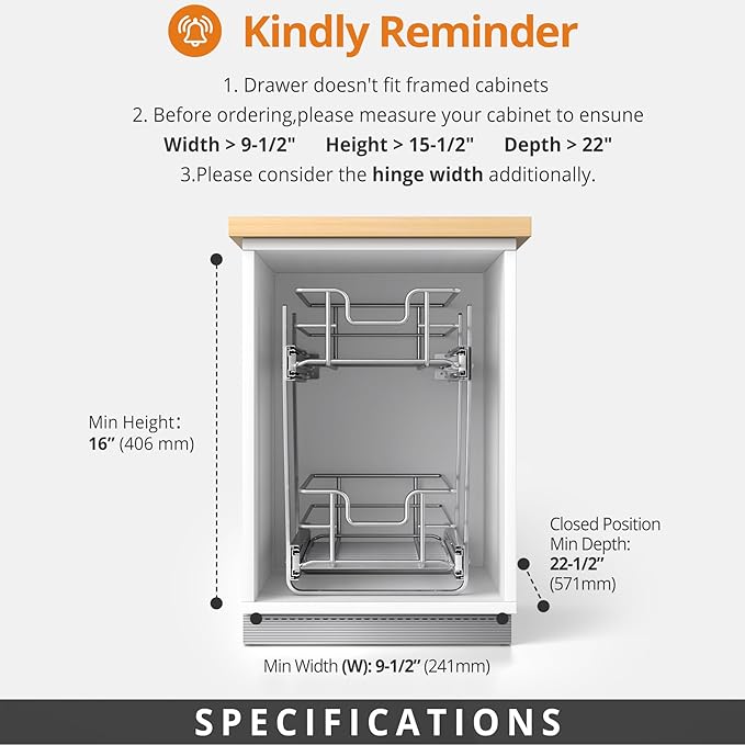 ZOINLIY Pull Out Cabinet Organizer, Versatile Slide Out Kitchen Organizers and Storage,Heavy Duty Drawer Cupboard Storage Basket, Smooth Sliding, Chrome Finish (2-Tiers-9¼''W×22“D)