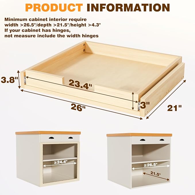 Pullout Cabinet Organizer, 26''W×21''D×3''H Slide Out Shelves for Kitchen Cabinets, Pull out Drawers for Kitchen Cabinets, Pantry, Bathroom, & Storage Organization