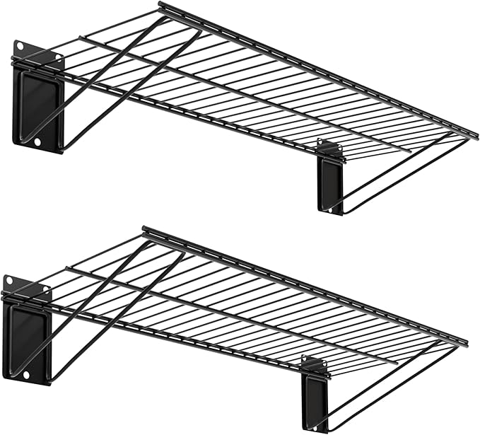 Wall Shelf 24'' x 11'' Garage Wall Mounted Storage Shelves, Heavy Duty Metal Wire Shelving Storage Rack for Garage, Office, Basement and Kithcen, Max Load 90lb,Black, 2-Pack