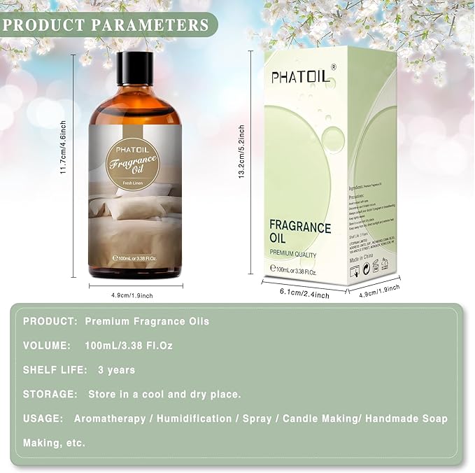 PHATOIL 3.38FL.OZ Fresh Linen Fragrance Oils for Aromatherapy, Essential Oils for Diffusers for Home, Perfect for Diffuser, DIY Candle and Soap Making, DIY Scented Products - 100ml