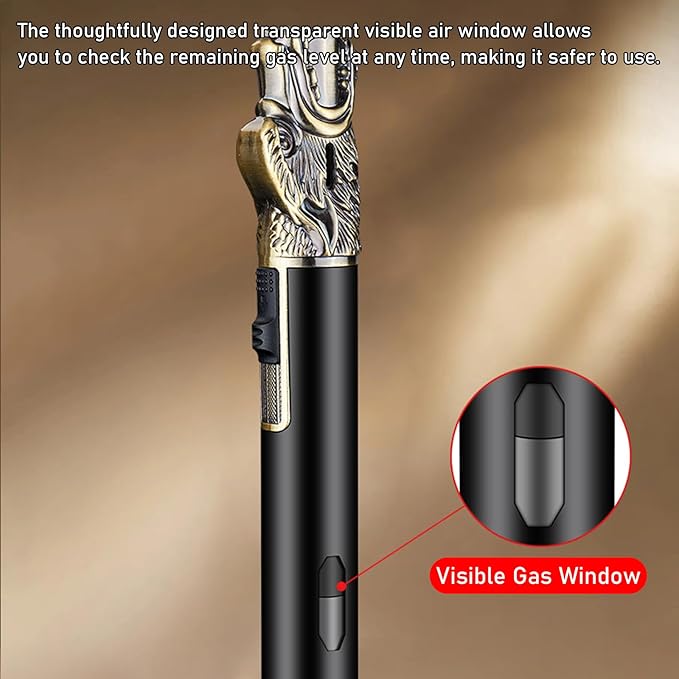 Torch Lighter - Refillable Butane Lighter with Adjustable Flame, Windproof Jet Flame, Transparent Gas Window - Long Lighter for Candles, Kitchen, Outdoor Use (Gas Not Included)-Black