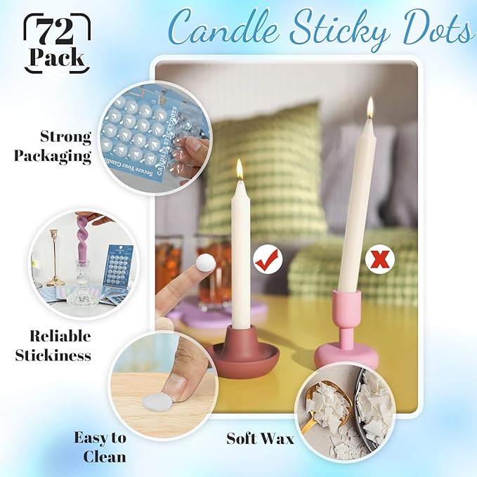 White Wax Candle Adhesive Dots - Unscented Sticky Dots for Taper Candles,Secure & Traceless Hold,Easy Clean DIY Candle Holders,Wedding & Home Decor 72/Pack