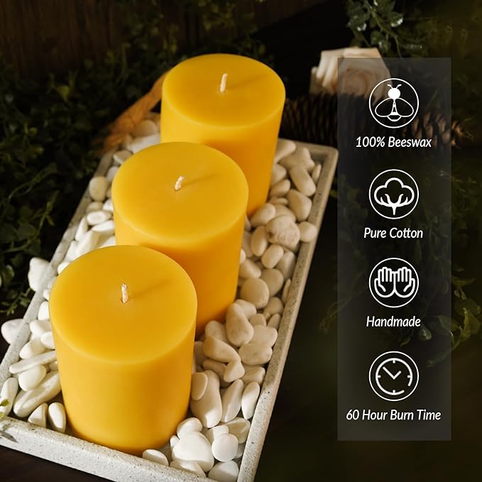 3 inch Wide Natural Yellow Beeswax Pillar Candles - 3 Pack - 100% Pure Beeswax Candles 4 inch in Height, Long Burning, Unscented Smokeless & Dripless, for Emergency, Prayer, Home Decor, Relaxation
