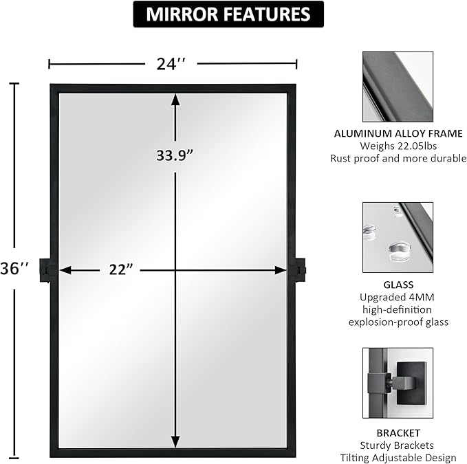Rectangle Bathroom Mirror - 24x36 Inch Black Metal Framed Tilting Beveled Vanity Mirrors, Modern Pivot Mirror for Bedroom Bathroom Living Room Entrance